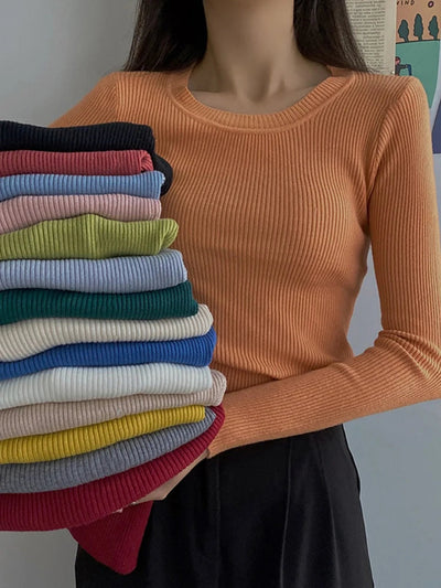 Dames Casual Gebreide Sweater Met Ronde Hals En Lange Mouwen