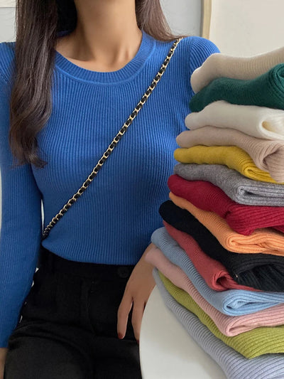 Dames Casual Gebreide Sweater Met Ronde Hals En Lange Mouwen