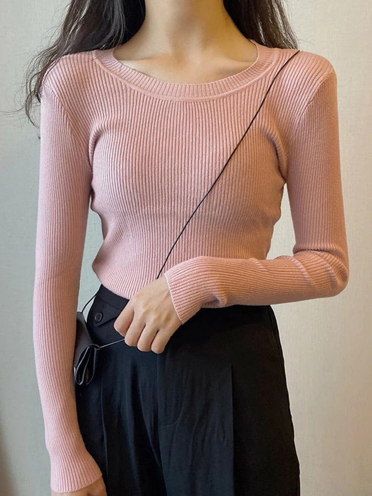 Dames Casual Gebreide Sweater Met Ronde Hals En Lange Mouwen