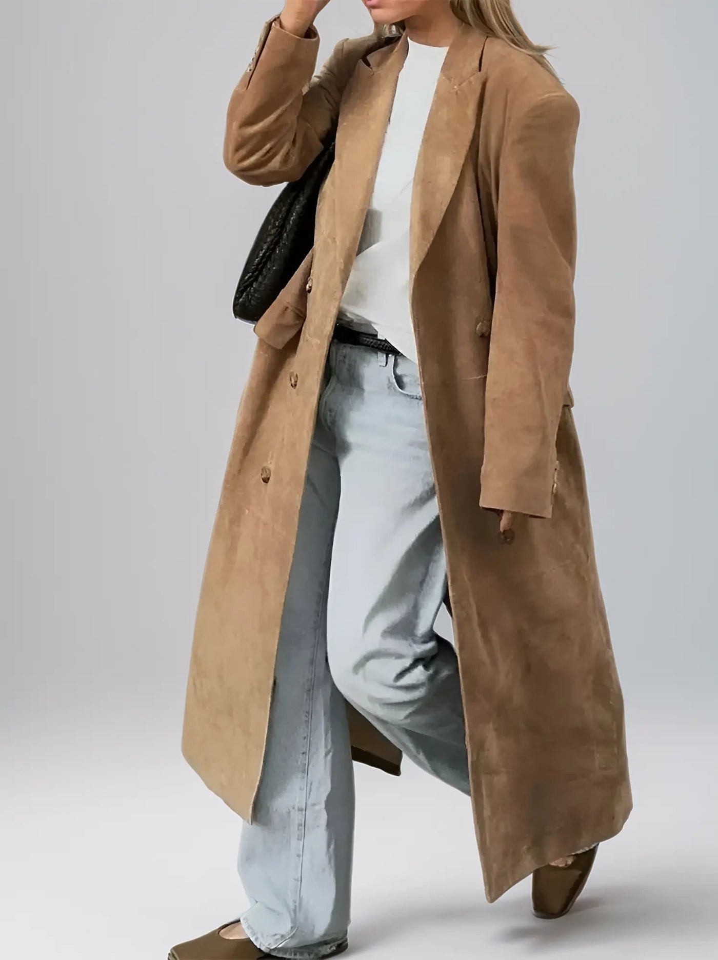 Dames Suède Trenchcoat Met Klassieke Revers En Dubbele Knoopsluiting