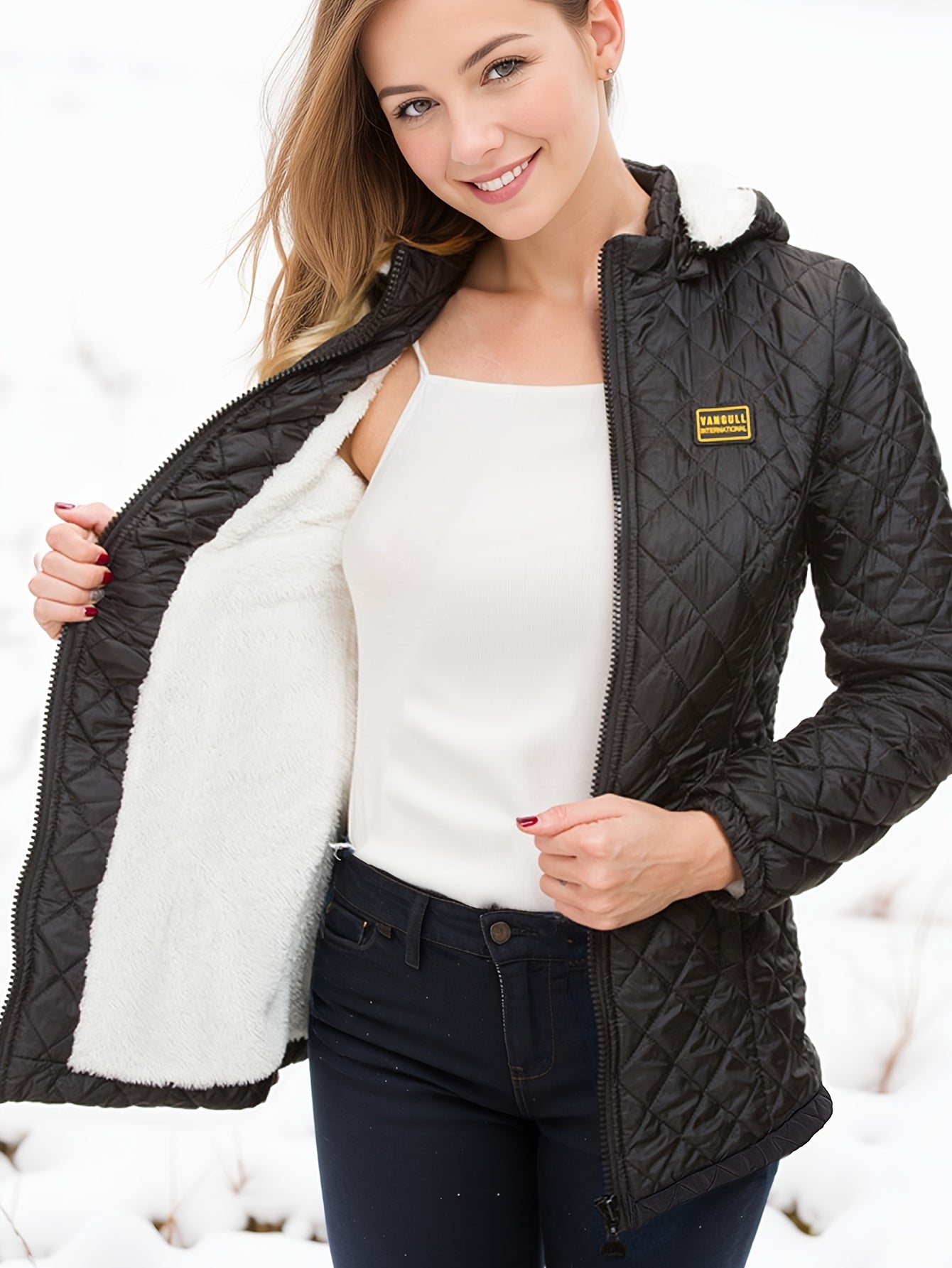 Dames Korte Gewatteerde Winterjas Met Capuchon En Fleece Voering