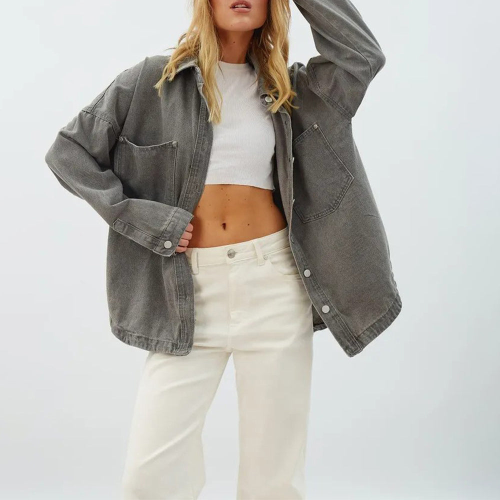 Dames Oversized Spijkerjasje Van Gewassen Denim Met Borstzakken