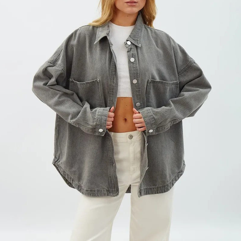 Dames Oversized Spijkerjasje Van Gewassen Denim Met Borstzakken