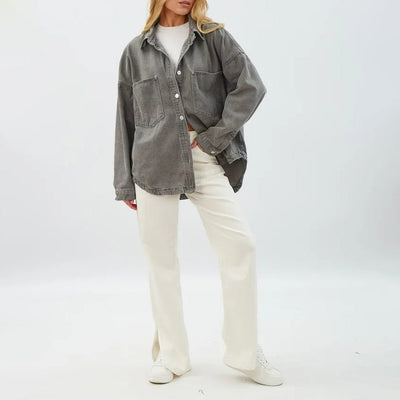 Dames Oversized Spijkerjasje Van Gewassen Denim Met Borstzakken