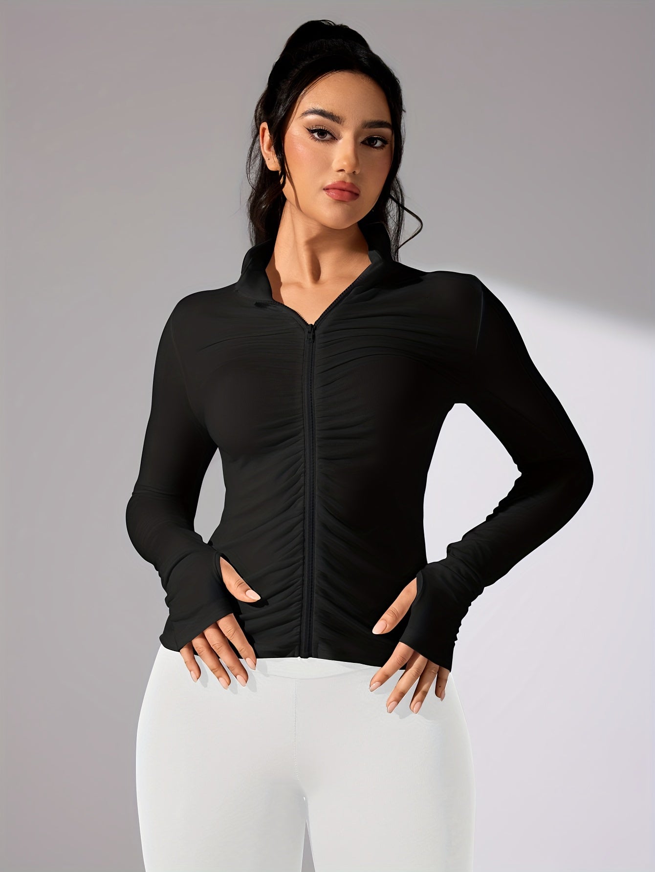 Dames Aansluitende Sportjack Met Lange Mouwen En Gerimpeld Detail