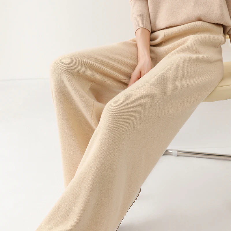 Dames Wollen Broek Met Hoge Taille En Wijde Pijpen