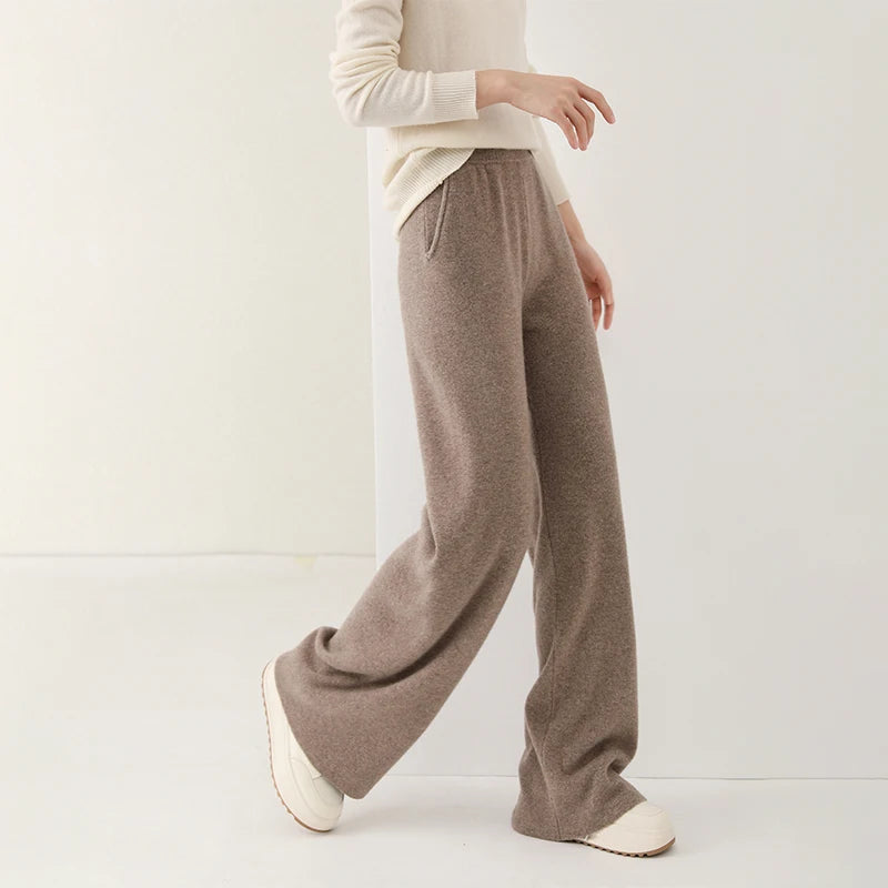 Dames Wollen Broek Met Hoge Taille En Wijde Pijpen