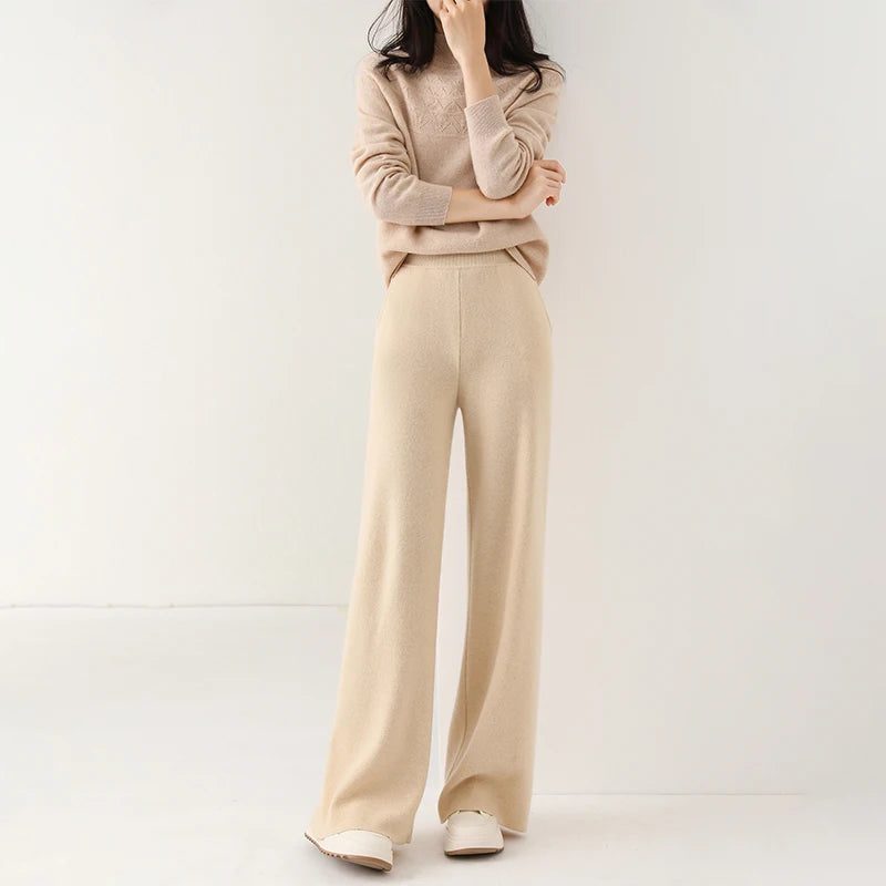 Dames Wollen Broek Met Hoge Taille En Wijde Pijpen