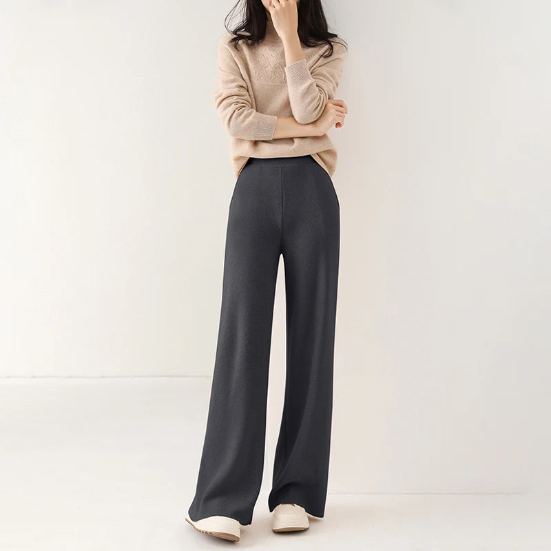 Dames Wollen Broek Met Hoge Taille En Wijde Pijpen