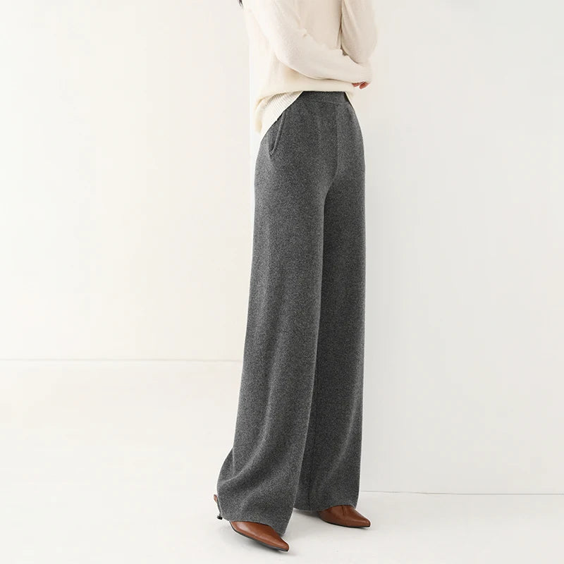Dames Wollen Broek Met Hoge Taille En Wijde Pijpen