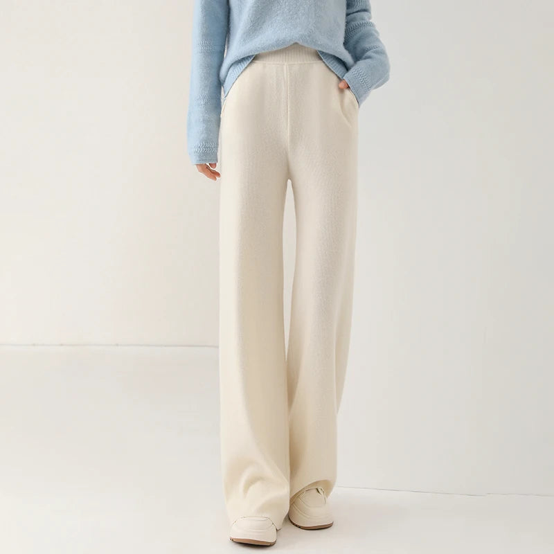 Dames Wollen Broek Met Hoge Taille En Wijde Pijpen