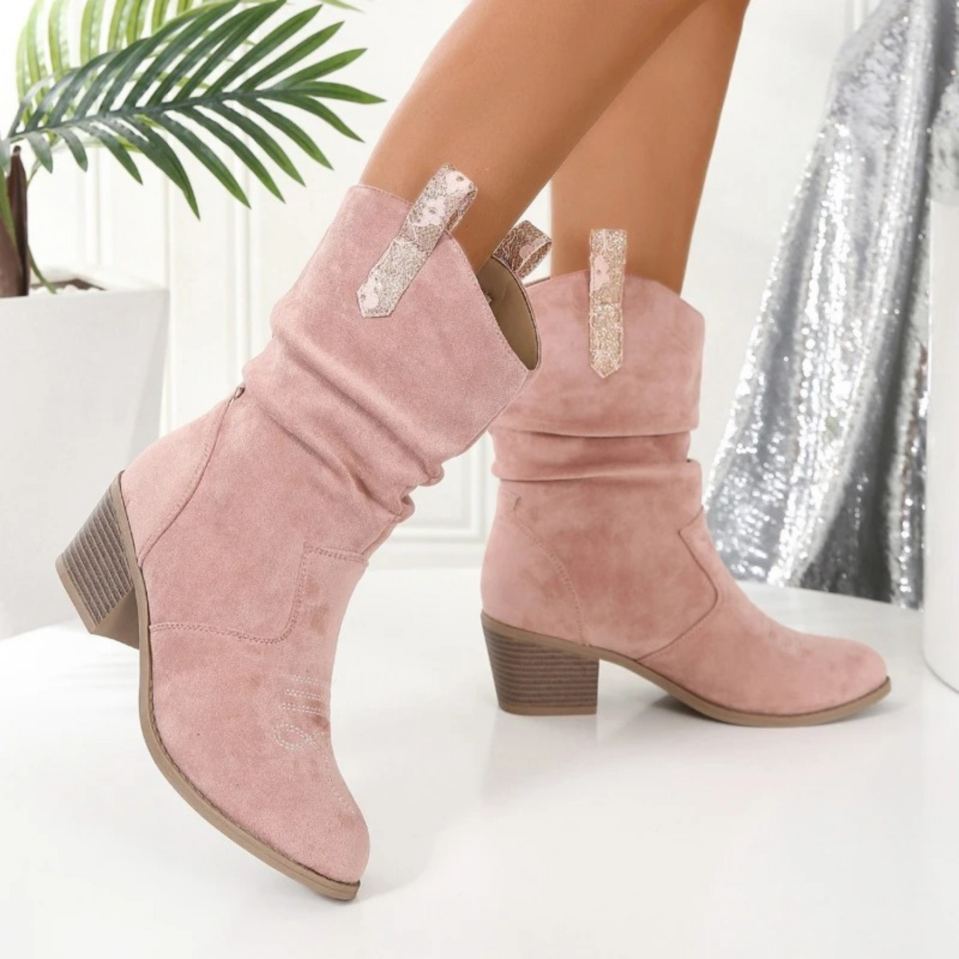 Dames Suède Cowboylaarzen Met Ronde Neus En Blokhak