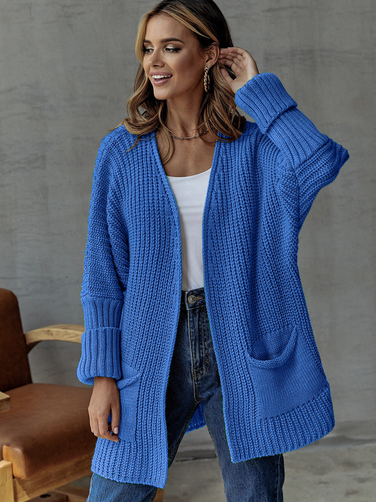 Dames Open Gebreide Cardigan Met Zakdetails En Lange Mouwen