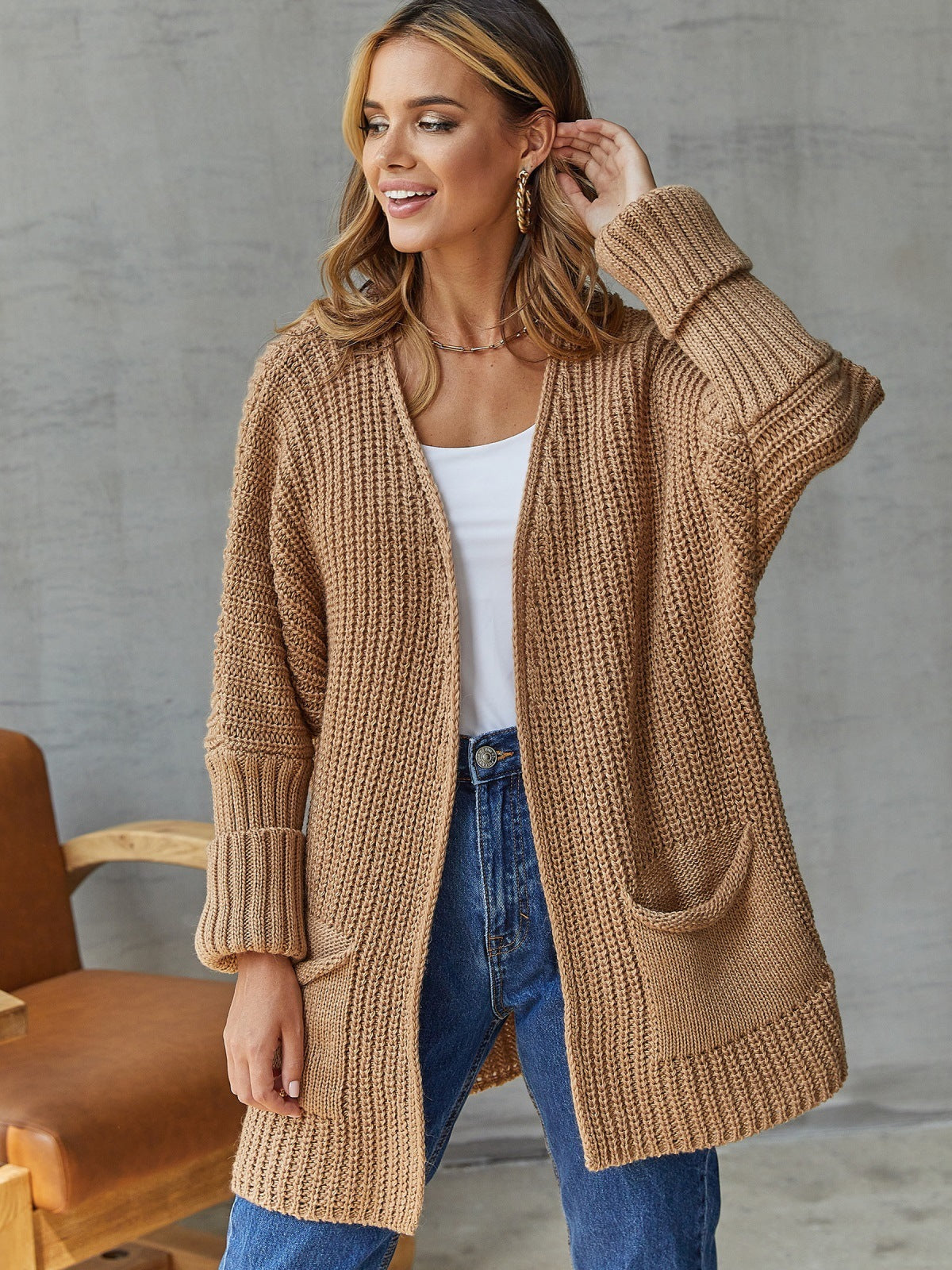 Dames Open Gebreide Cardigan Met Zakdetails En Lange Mouwen
