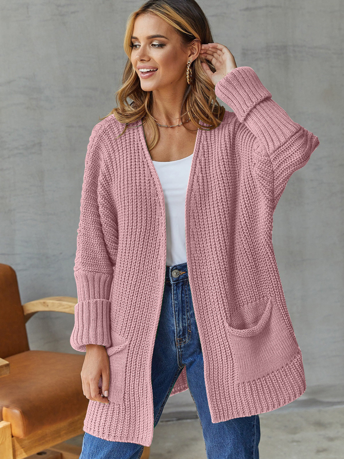 Dames Open Gebreide Cardigan Met Zakdetails En Lange Mouwen