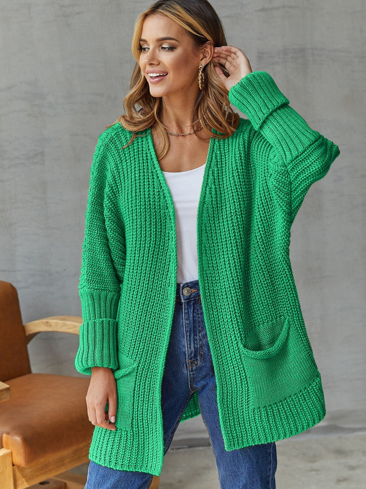 Dames Open Gebreide Cardigan Met Zakdetails En Lange Mouwen