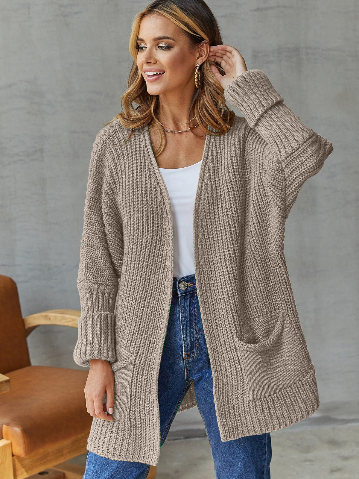 Dames Open Gebreide Cardigan Met Zakdetails En Lange Mouwen