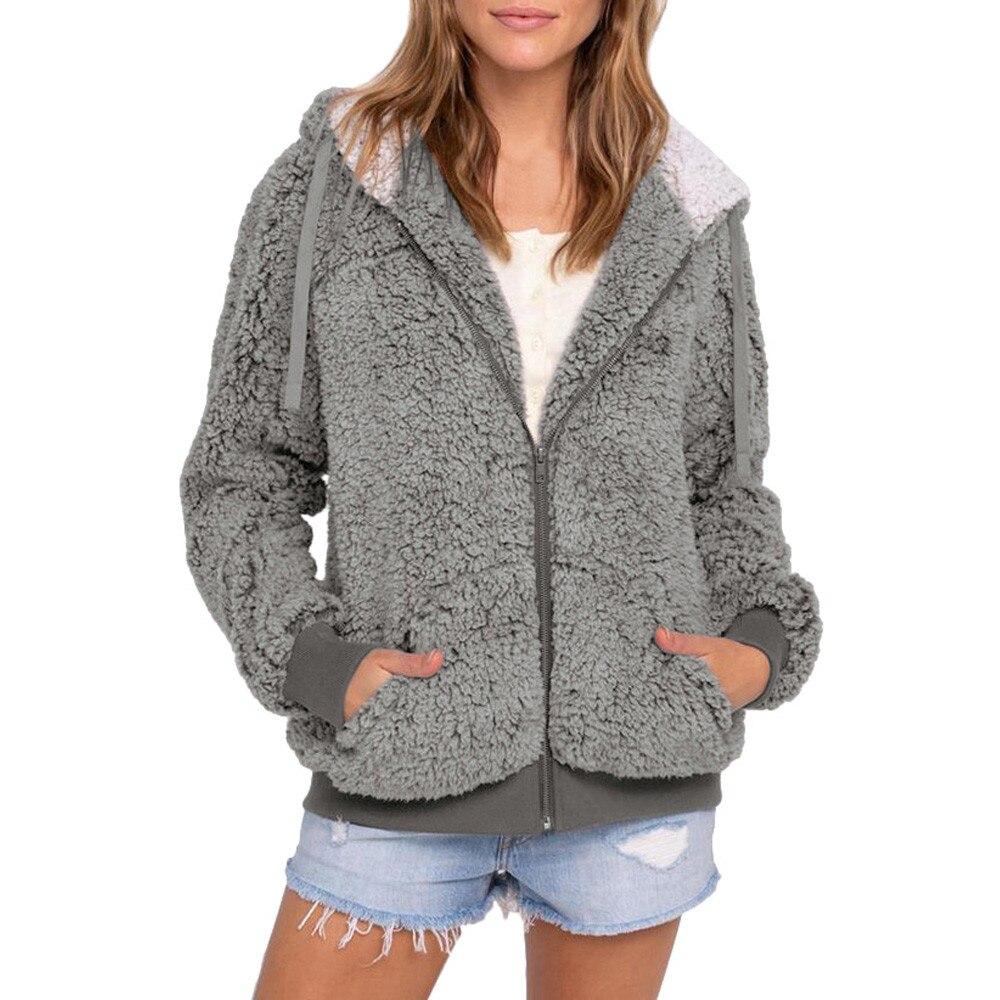 Dames Warme Teddy Hoodie Met Capuchon En Ritszakken