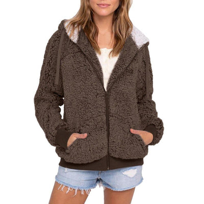 Dames Warme Teddy Hoodie Met Capuchon En Ritszakken