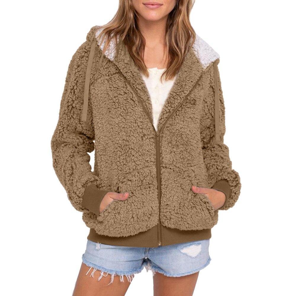 Dames Warme Teddy Hoodie Met Capuchon En Ritszakken