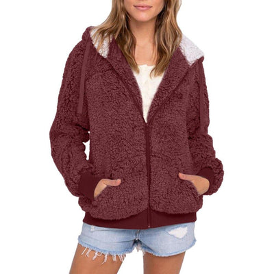 Dames Warme Teddy Hoodie Met Capuchon En Ritszakken
