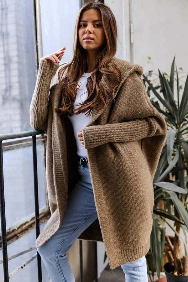 Dames Casual Lang Gebreide Cardigan Met Capuchon En Oversized Pasvorm