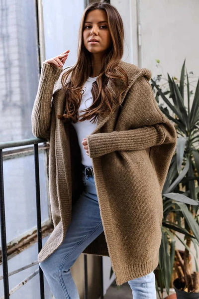 Dames Casual Lang Gebreide Cardigan Met Capuchon En Oversized Pasvorm