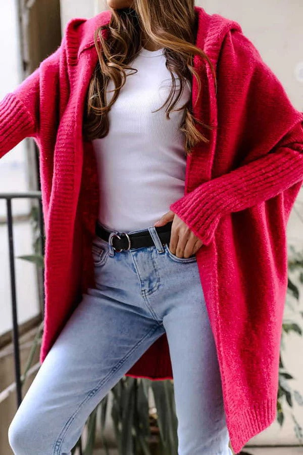 Dames Casual Lang Gebreide Cardigan Met Capuchon En Oversized Pasvorm
