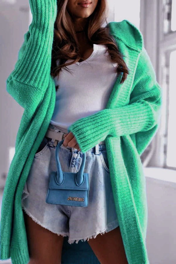 Dames Casual Lang Gebreide Cardigan Met Capuchon En Oversized Pasvorm