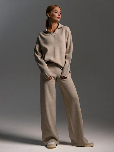 Dames Gebreide Set Met Trui En Broek Met Ontspannen Stijl
