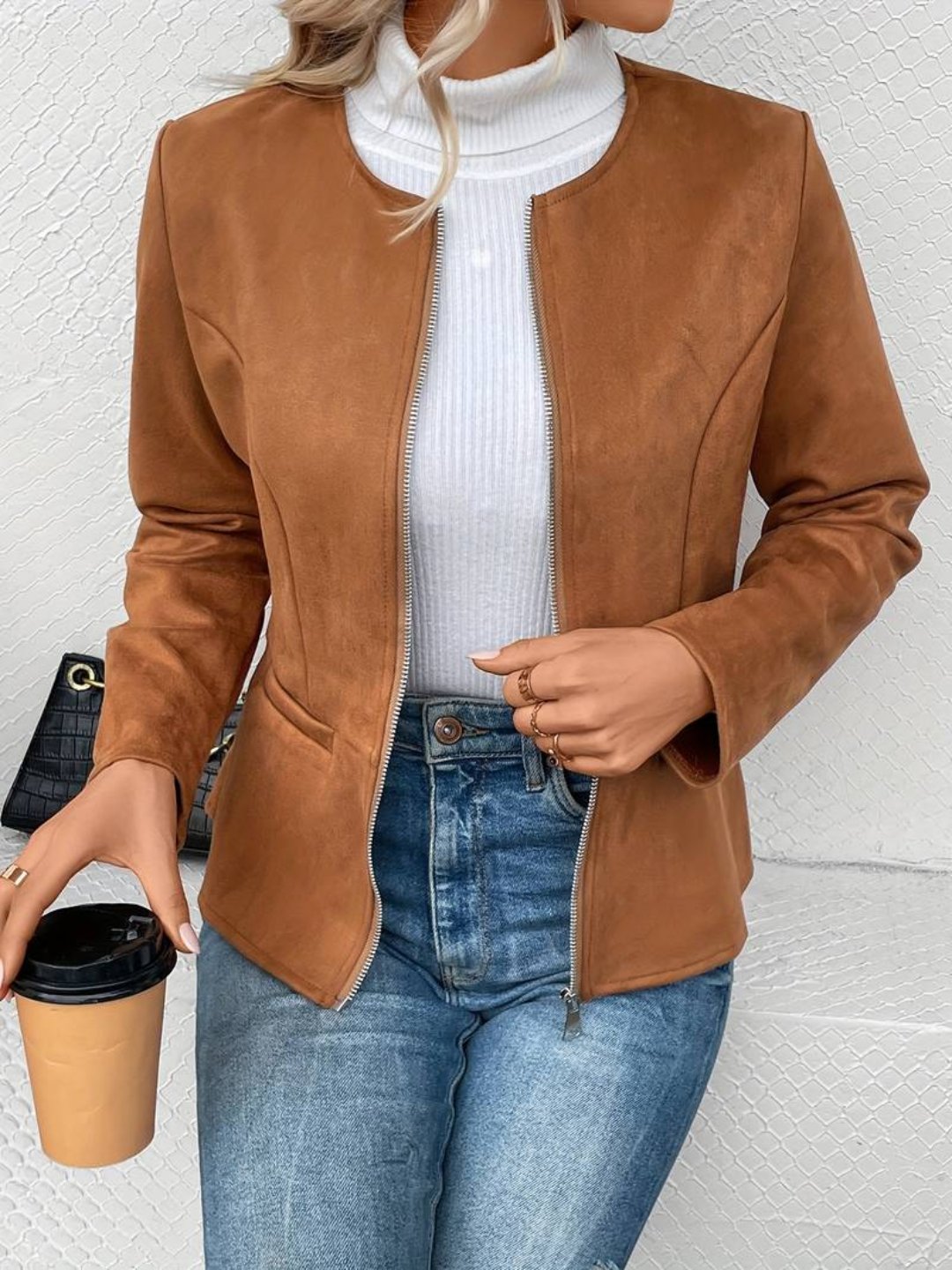 Dames Getailleerd Suède Look Jasje Met Rits