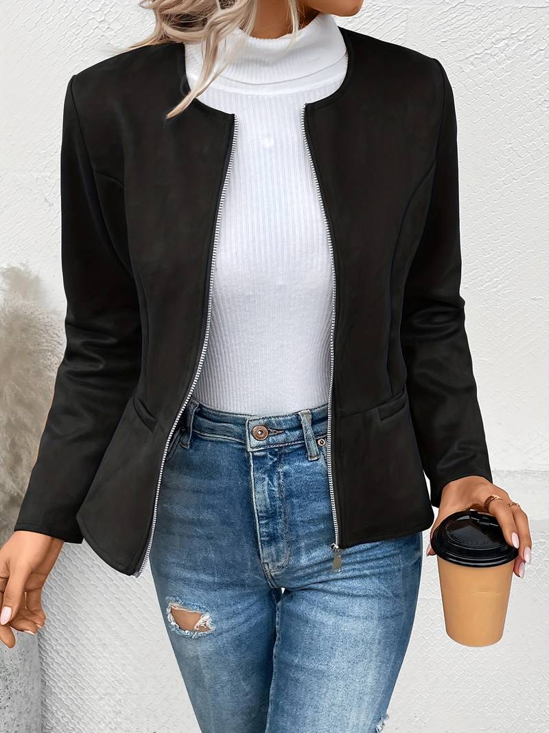 Dames Getailleerd Suède Look Jasje Met Rits