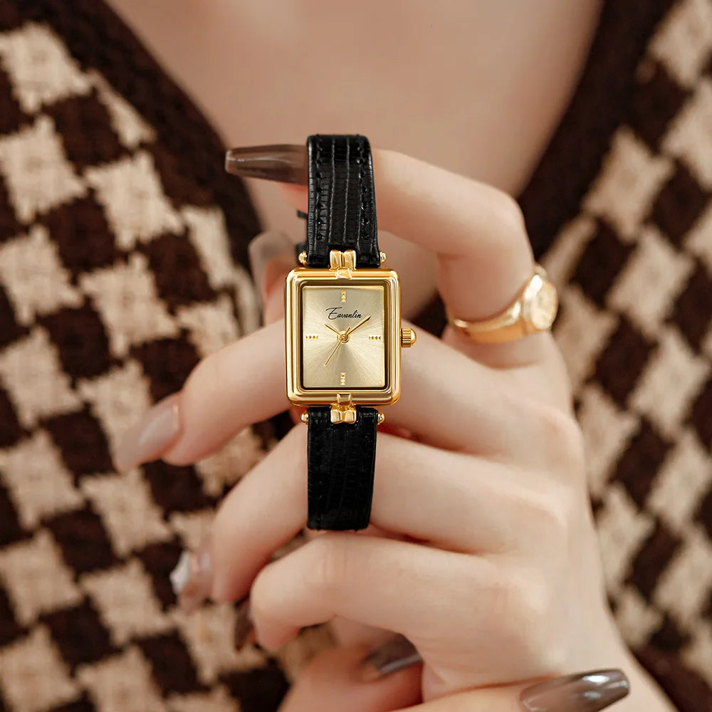 Dames Retro Quartz Horloge Met Goudkleurige Wijzerplaat En Leren Band