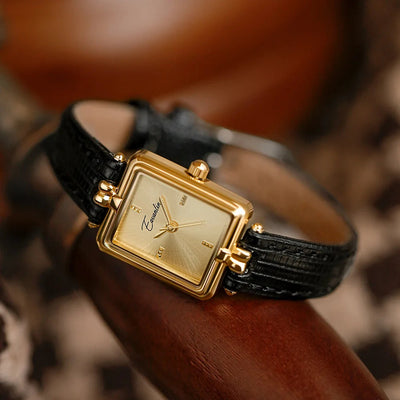 Dames Retro Quartz Horloge Met Goudkleurige Wijzerplaat En Leren Band
