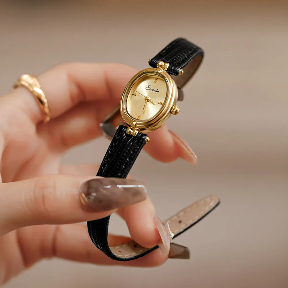 Dames Retro Quartz Horloge Met Goudkleurige Wijzerplaat En Leren Band
