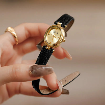 Dames Retro Quartz Horloge Met Goudkleurige Wijzerplaat En Leren Band