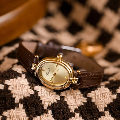 Dames Retro Quartz Horloge Met Goudkleurige Wijzerplaat En Leren Band