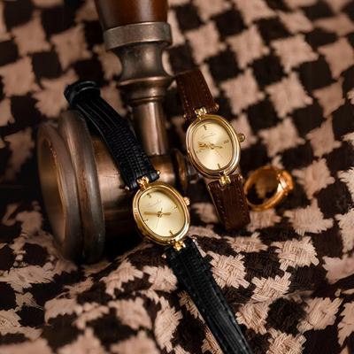 Dames Retro Quartz Horloge Met Goudkleurige Wijzerplaat En Leren Band