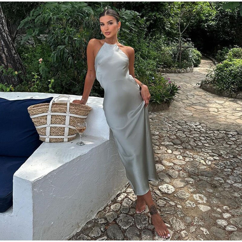 Dames Satijnen Maxi Jurk Met Halternek En Mouwloos Design
