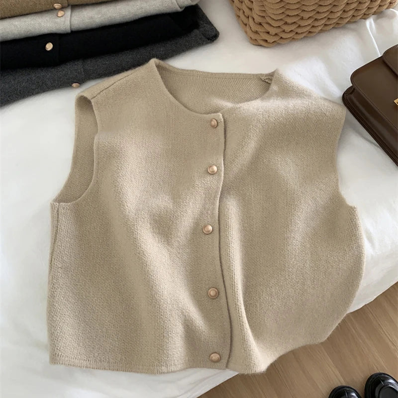 Dames Gebreide Cardigan Zonder Mouwen Met Knoopsluiting