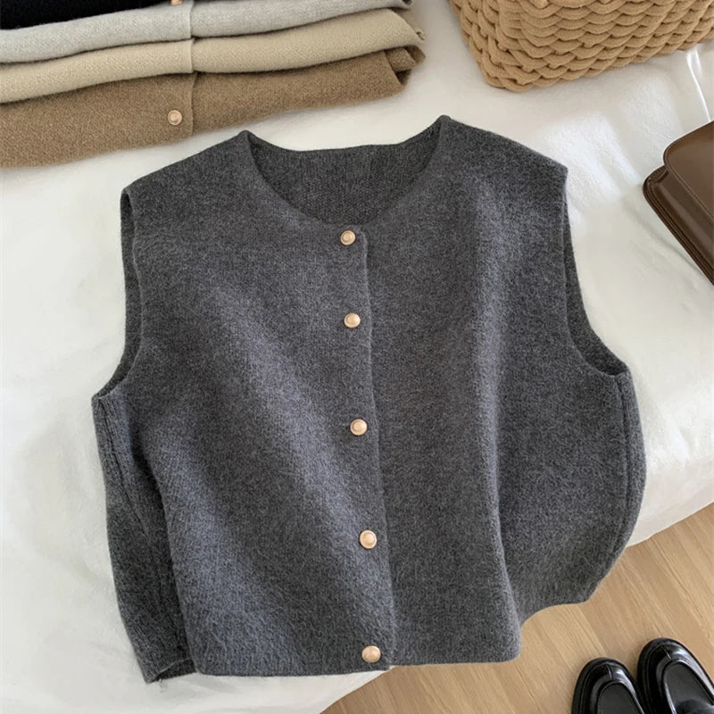 Dames Gebreide Cardigan Zonder Mouwen Met Knoopsluiting