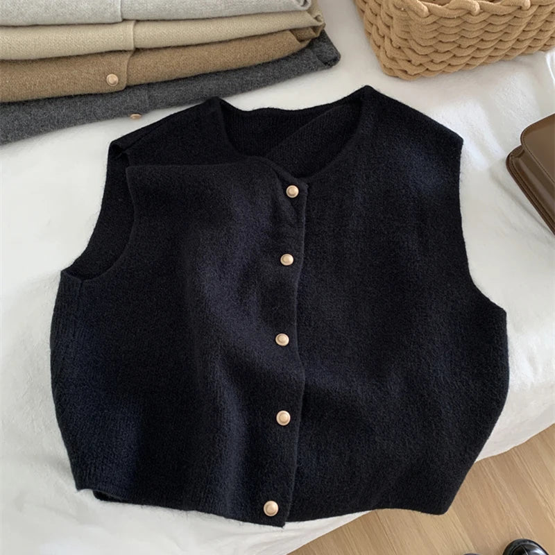 Dames Gebreide Cardigan Zonder Mouwen Met Knoopsluiting