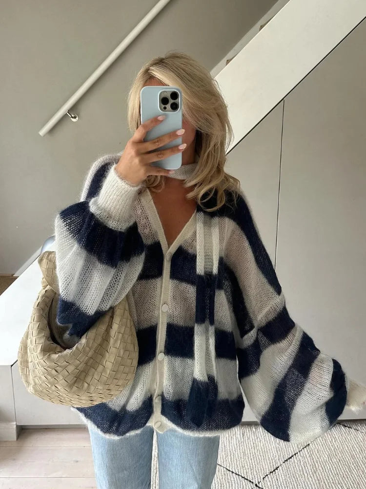 Dames Gestreept Gebreid Cardigan Met V-Hals En Losse Pasvorm