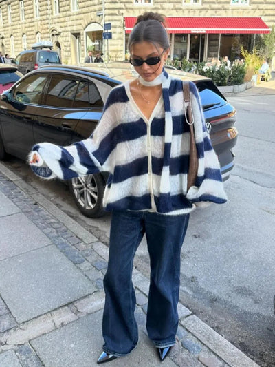Dames Gestreept Gebreid Cardigan Met V-Hals En Losse Pasvorm