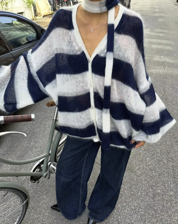 Dames Gestreept Gebreid Cardigan Met V-Hals En Losse Pasvorm