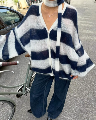 Dames Gestreept Gebreid Cardigan Met V-Hals En Losse Pasvorm