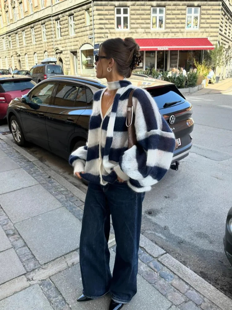 Dames Gestreept Gebreid Cardigan Met V-Hals En Losse Pasvorm