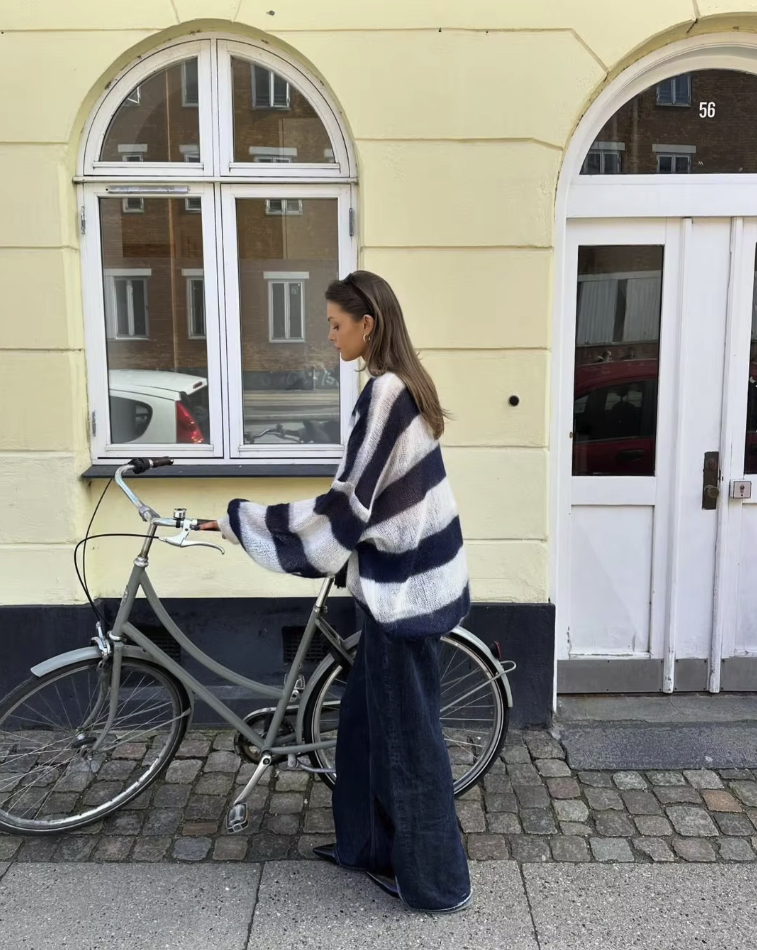 Dames Gestreept Gebreid Cardigan Met V-Hals En Losse Pasvorm