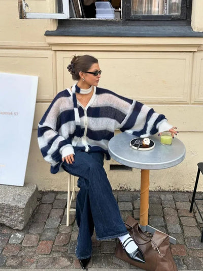 Dames Gestreept Gebreid Cardigan Met V-Hals En Losse Pasvorm