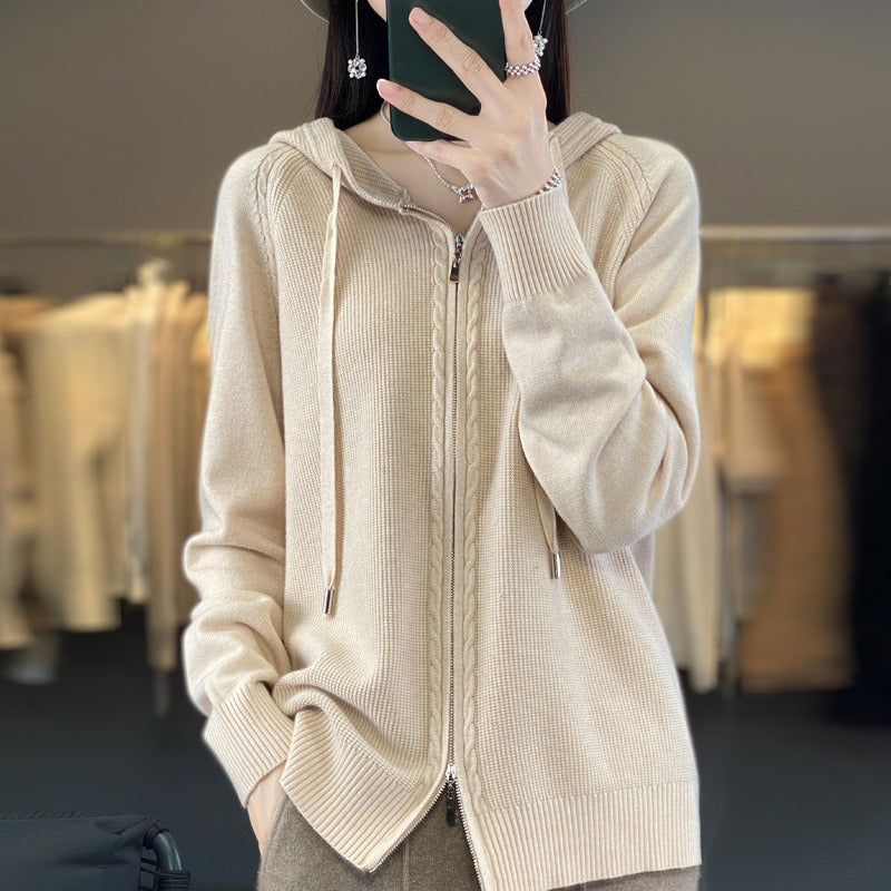 Dames Gebreide Hoodie Met Ritssluiting En Lange Mouwen